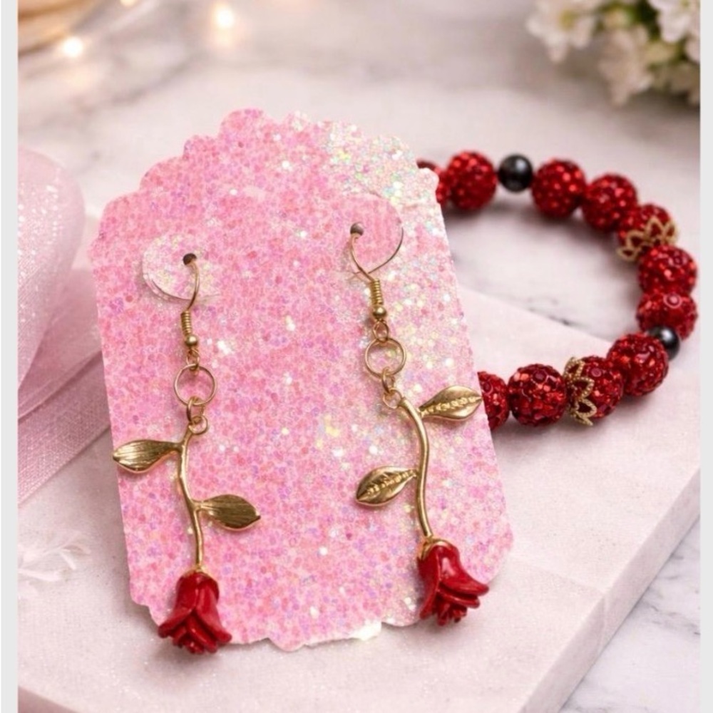 Elegant Red Rose Earrings with Gold Leaves - Picture 1 of 3
